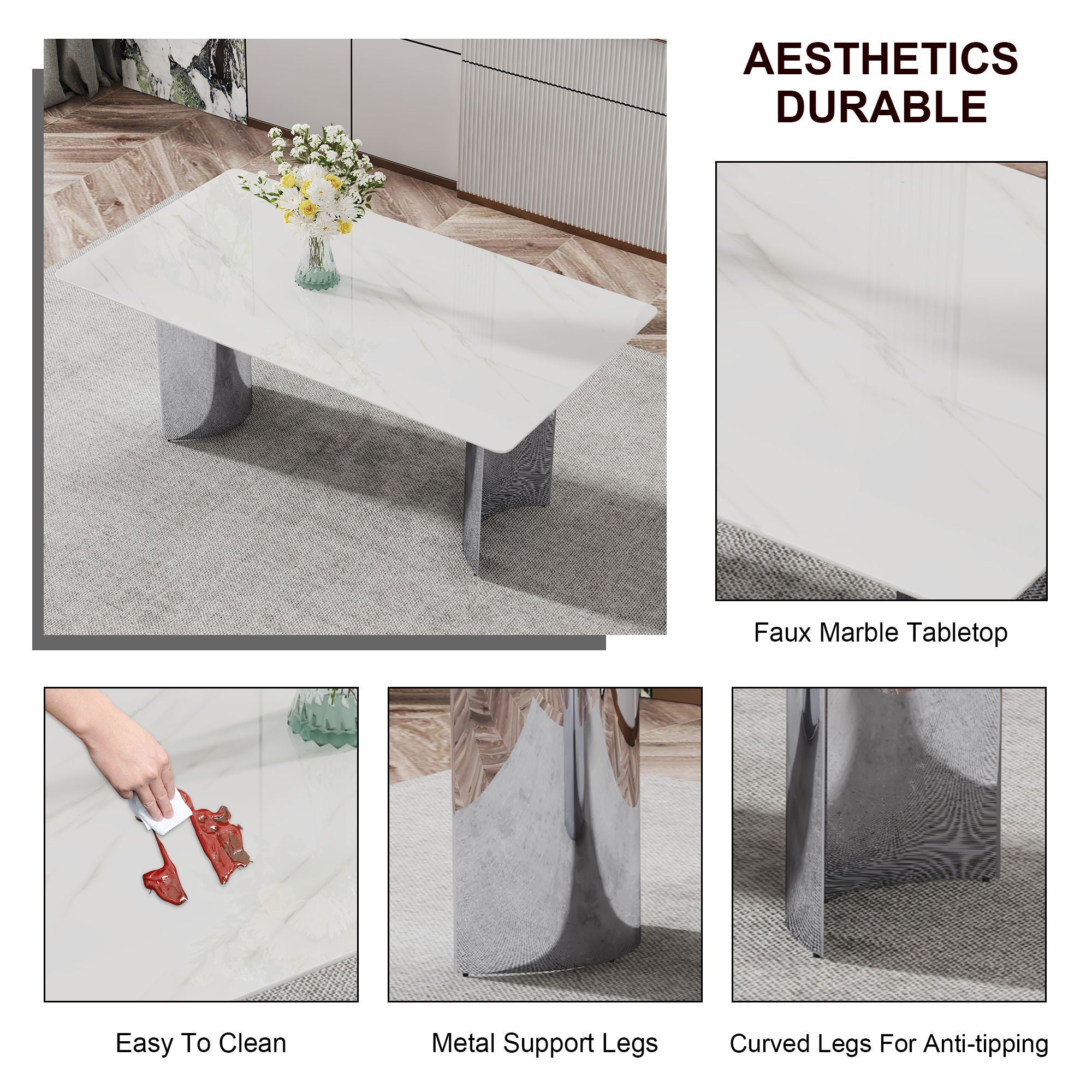Modern Minimalist Dining Table With Imitation Marble Glass Desktop And Metal Legs
