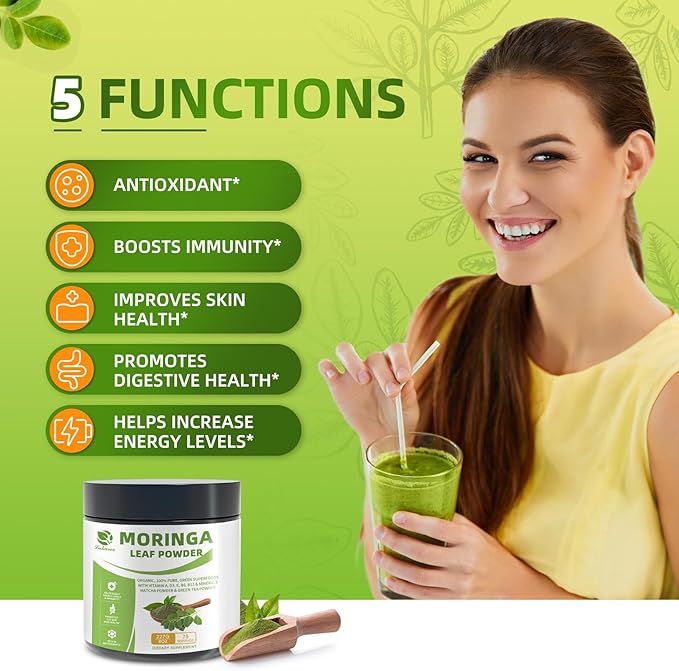 Organic Moringa Powder & Matcha Powder, Multi-Green Superfoods with Green Tea Resveratrol - Energy and Digestive Support, Rich in Antioxidants and Vitamin A D3 E B6 B12 Calcium, Non-GMO, Vegan, 8 oz