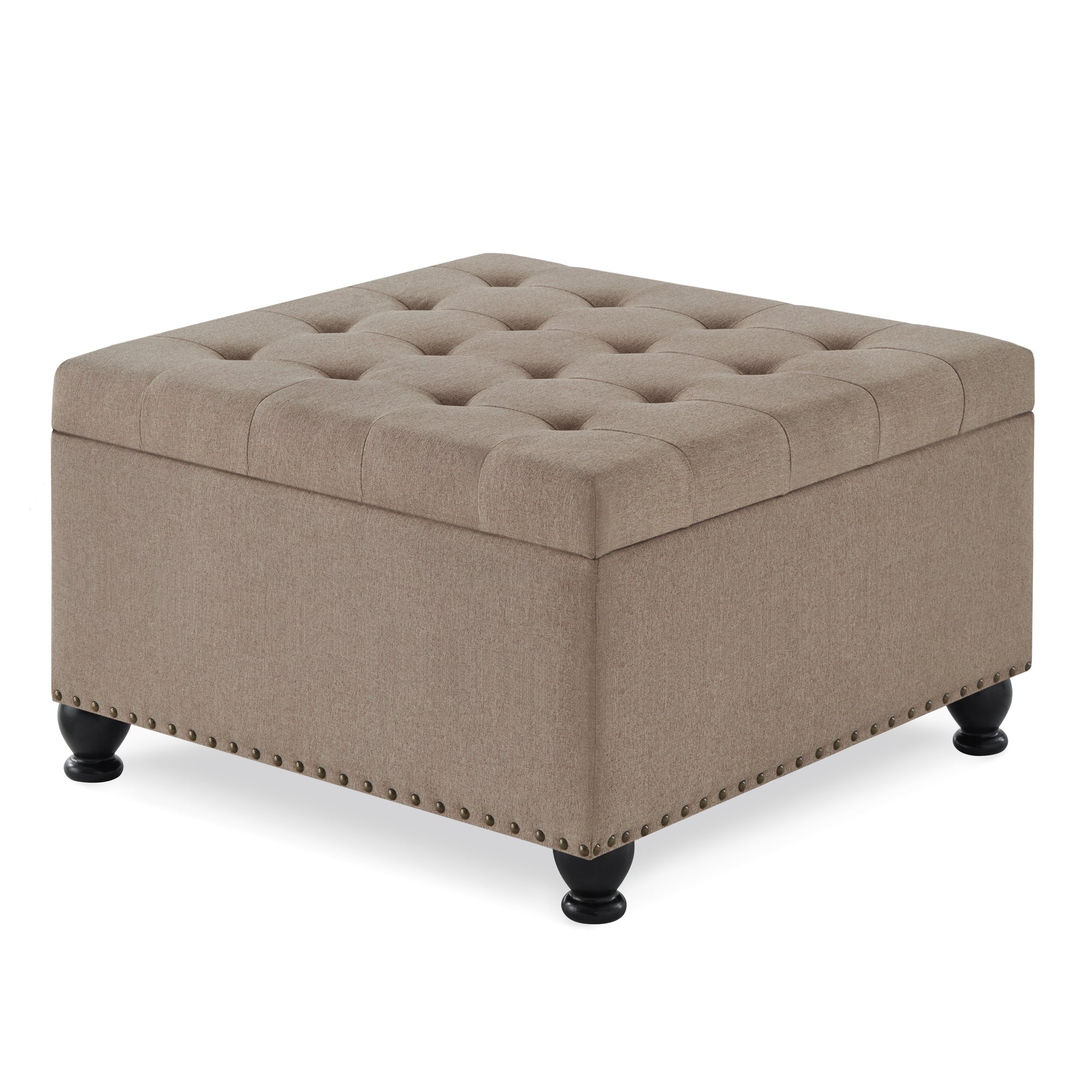 Large Square Storage Ottoman Button Tufted Wooden Legs Linen, 30x30x18