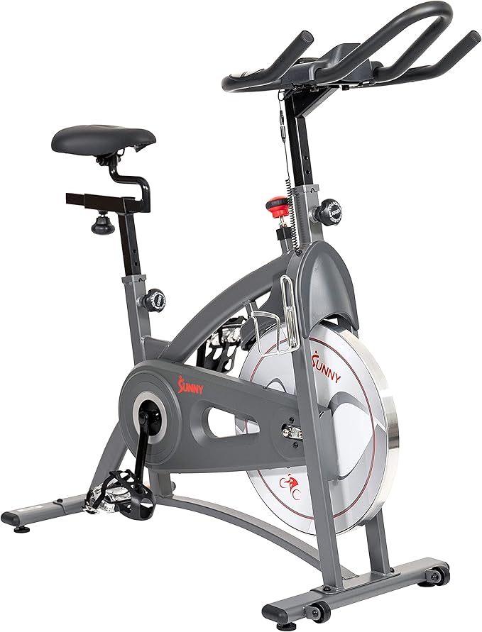 Sunny Health & Fitness Indoor Cycling Exercise Bike w/Pulse Sensors & 4-Way Adjustable Seat, Stationary Home Cardio Training Machine w/Micro-Adjustable Magnetic Resistance for Intensive Cardio Session