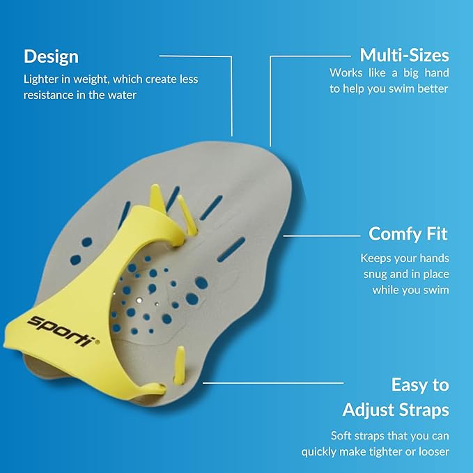 Sporti Hand Paddles for Swimming - Lightweight Swimming Paddles, Adjustable Silicone Straps