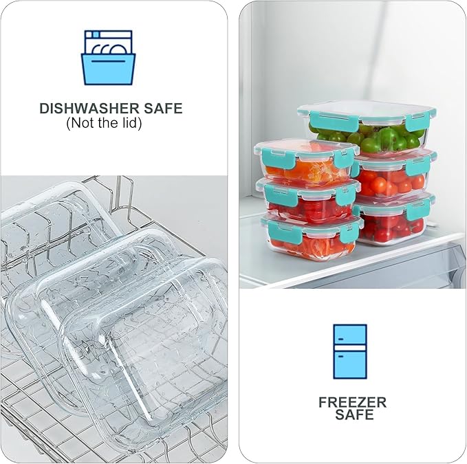 10 Pack Glass Food Storage Containers, Meal Prep Containers with Lids, Airtight Glass Lunch Boxes, Freezer, Oven, and Microwave Safe, Green