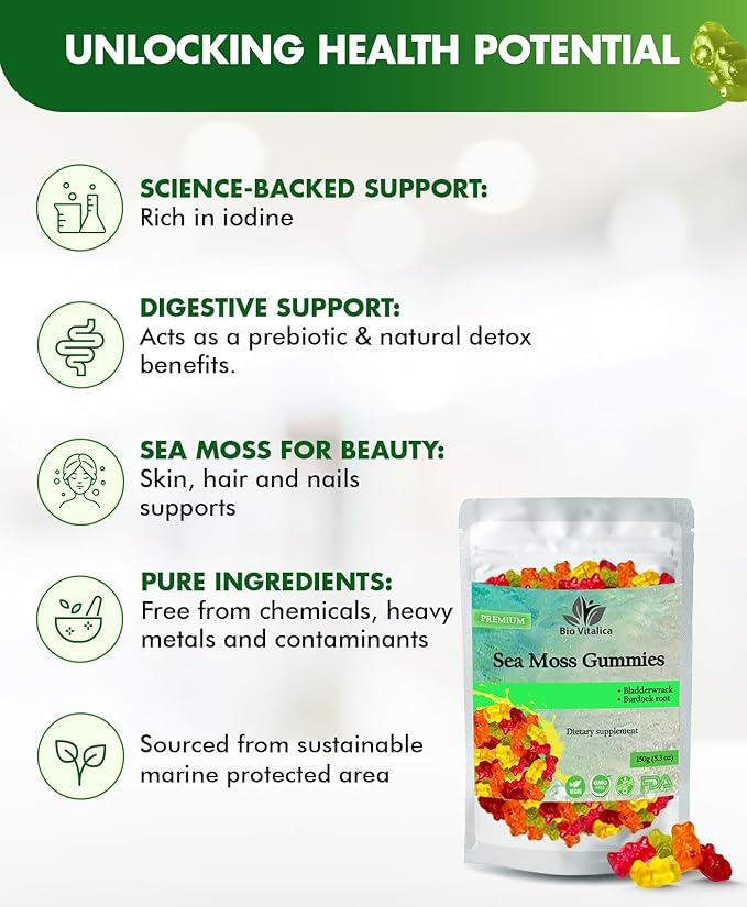 Sea Moss Gummies - Irish sea Moss raw Organic, Bladderwrack, Burdock Root. Contains Sea Moss Gel and Powder. Superfoods for Vegan, Keto and Dr Sebi Diet. Immune Boosting (3, Original)