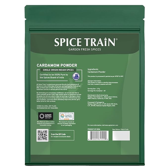 Cardamom Powder (100g/3.53oz) Gluten Free, Raw Ground Elaichi for Cooking, Smoothies, Lattes, Masala Tea, Packed in Resealable Zip Lock Pouch