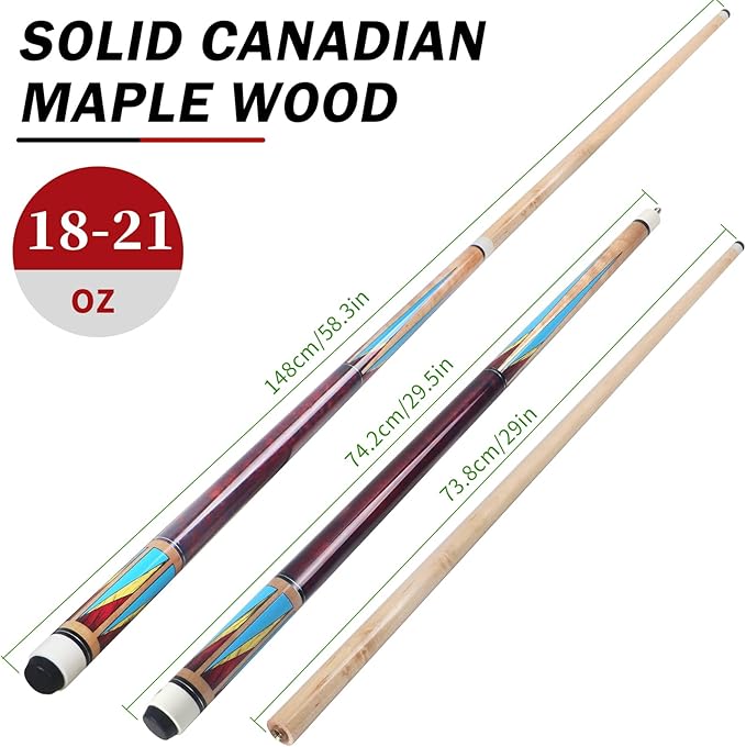 Pool Cue, 4 Pcs Pool Cue Stick 18 19 20 21 oz 4 Sets Cue Sticks 58 inch Pool Cues Adult Canadian Maple Wood Billiard Stick
