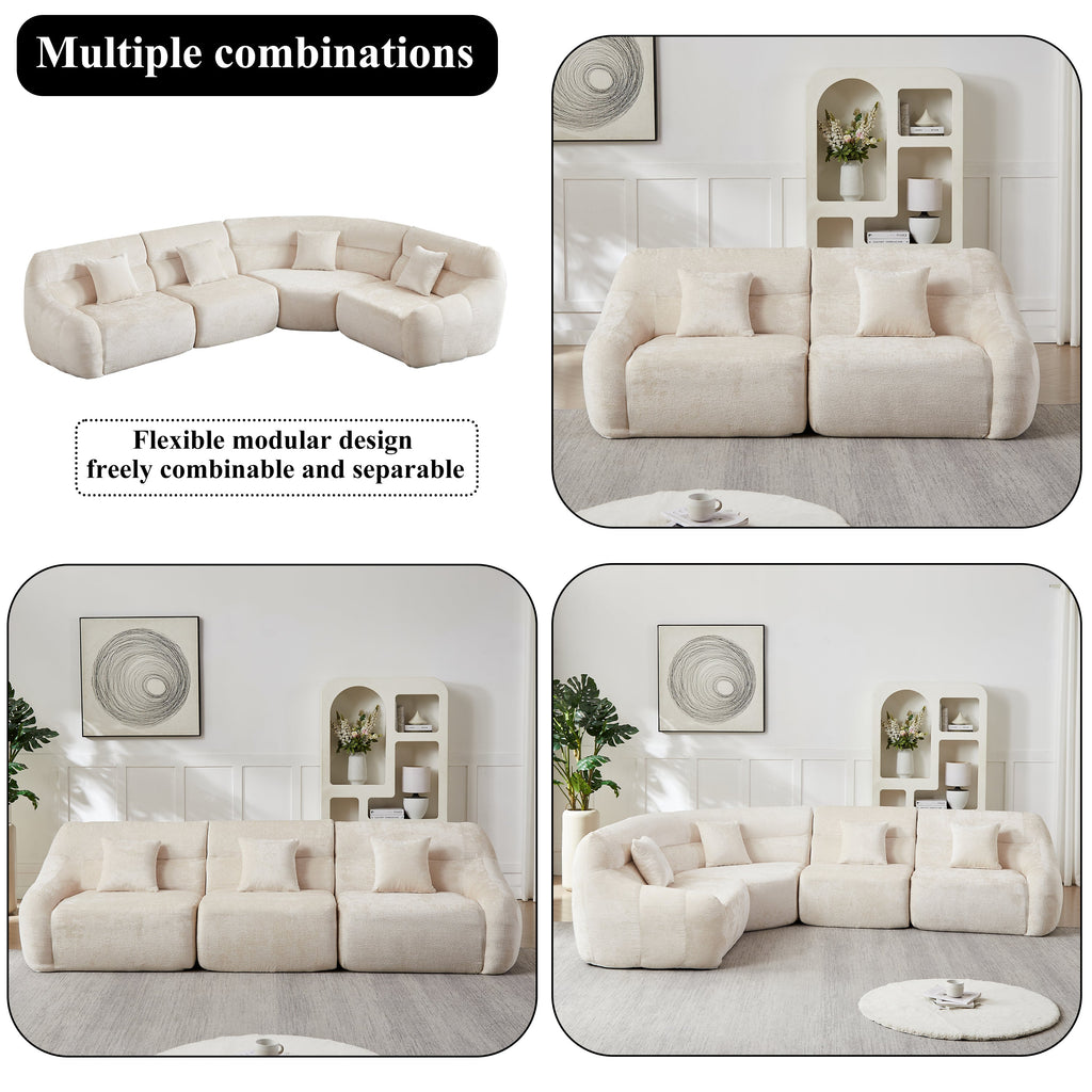 Sectional Sofa Curved Modular Chenille Beige 4 Seat 900 LB No Assembly