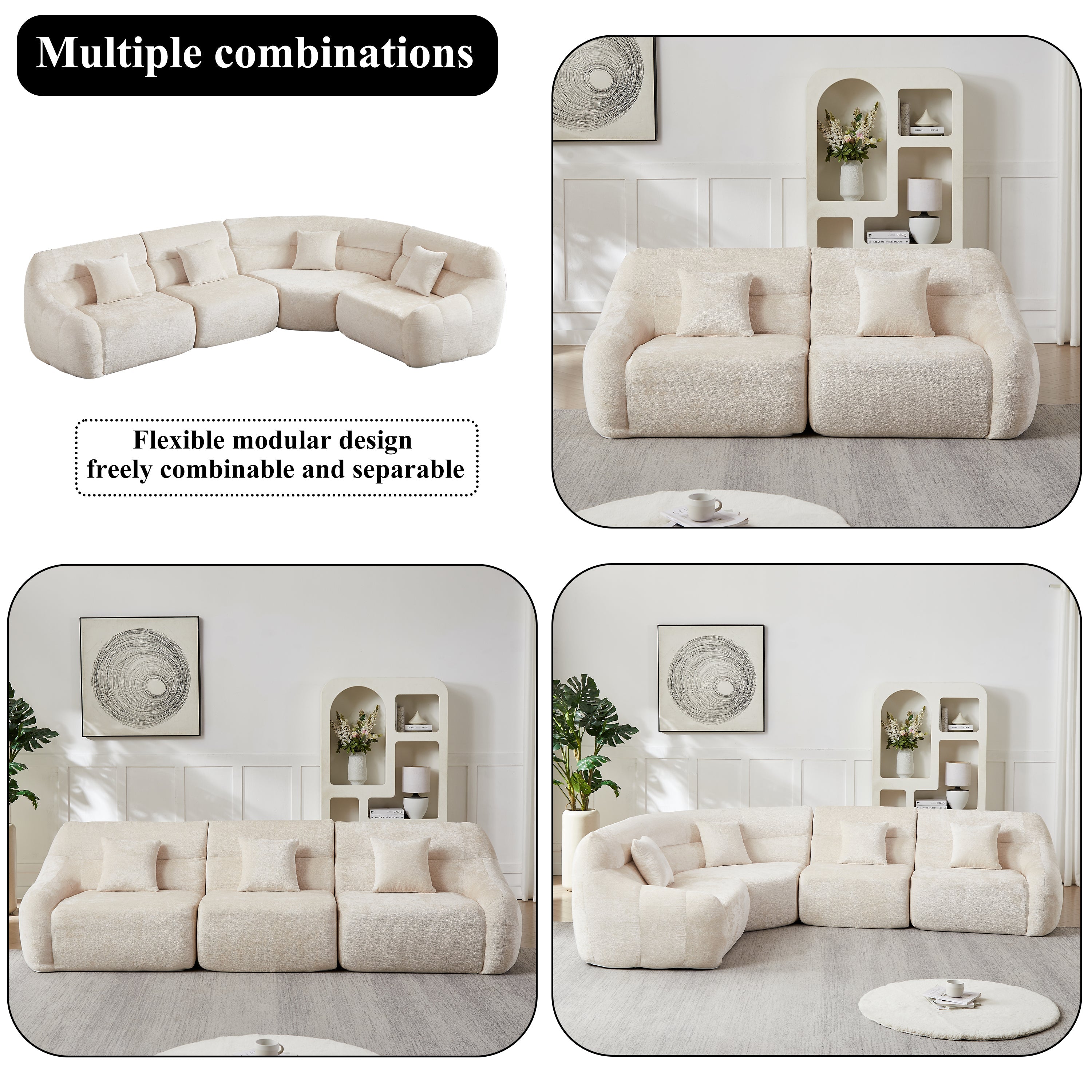 Sectional Sofa Curved Modular Chenille Beige 4 Seat 900 LB No Assembly