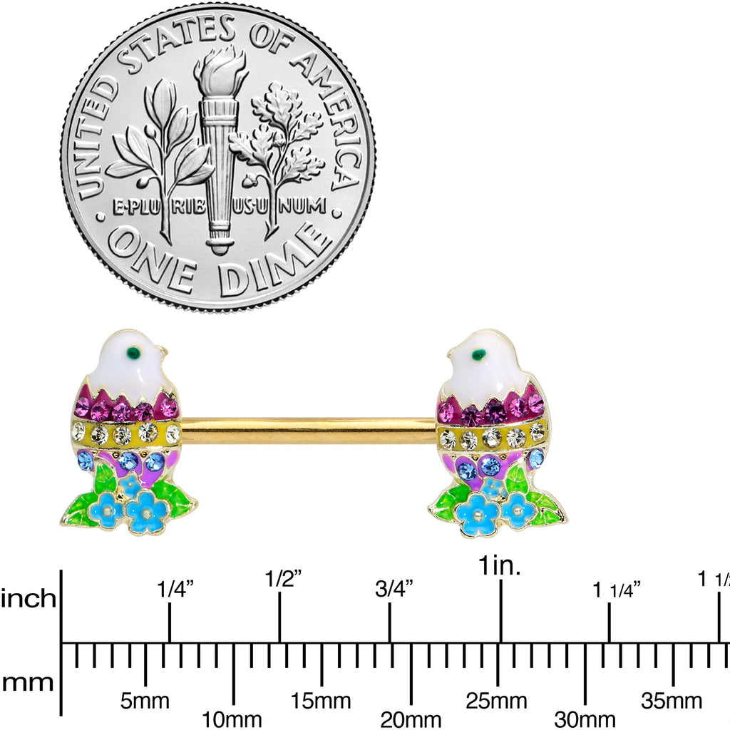 14G 9/16 Clear Blue Gem Gold Tone Easter Chick Nipple Ring Set