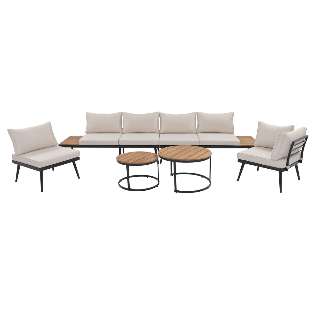 Outdoor Sectional Set Acacia Wood Steel Beige Cushion 6 Piece Seats 5