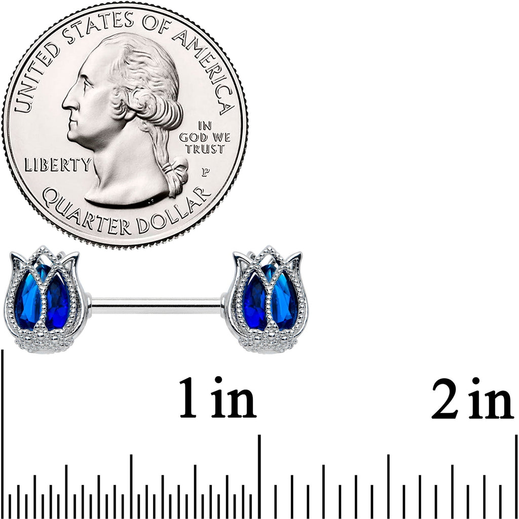 14G 9/16 Blue Gem Tulip Flower Barbell Nipple Ring Set