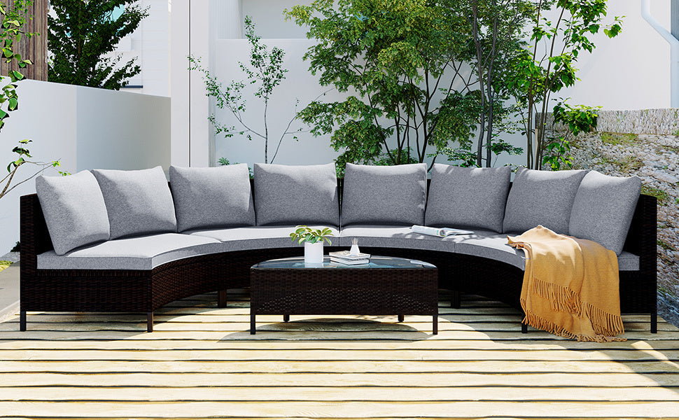 Outdoor Sectional Set PE Rattan Steel Gray Half Moon 5 Piece 350 LB