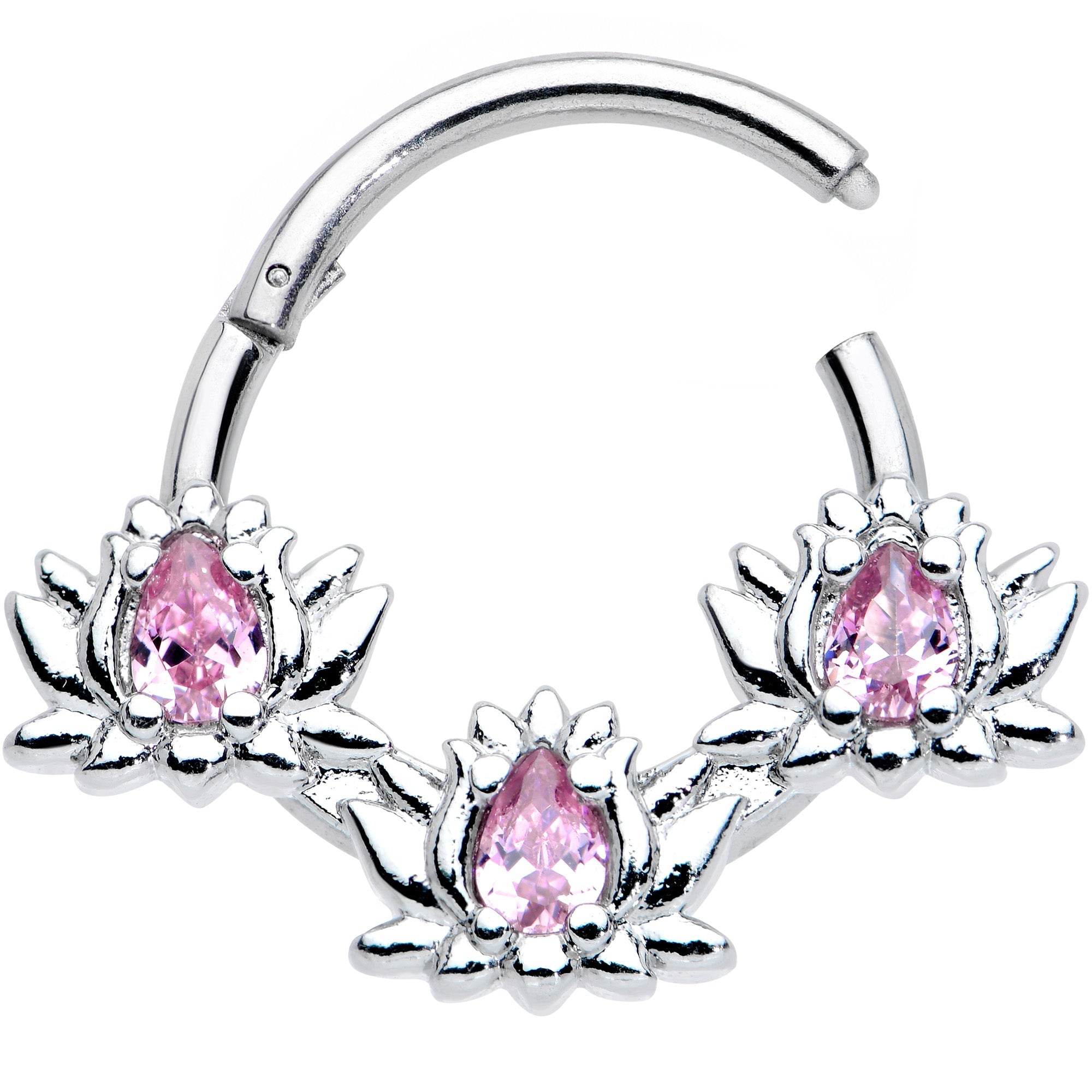 16G 3/8 Pink CZ Gem Triple Lotus Hinged Segment Ring