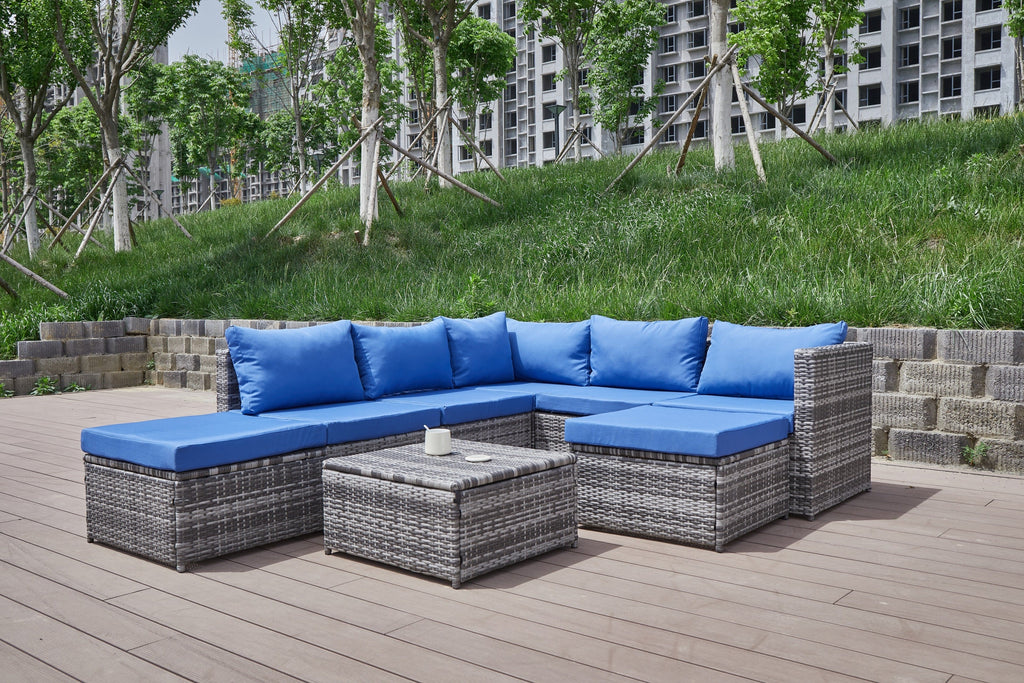 Outdoor Patio Sofa Set PE Rattan Blue Gray All Weather Steel Frame