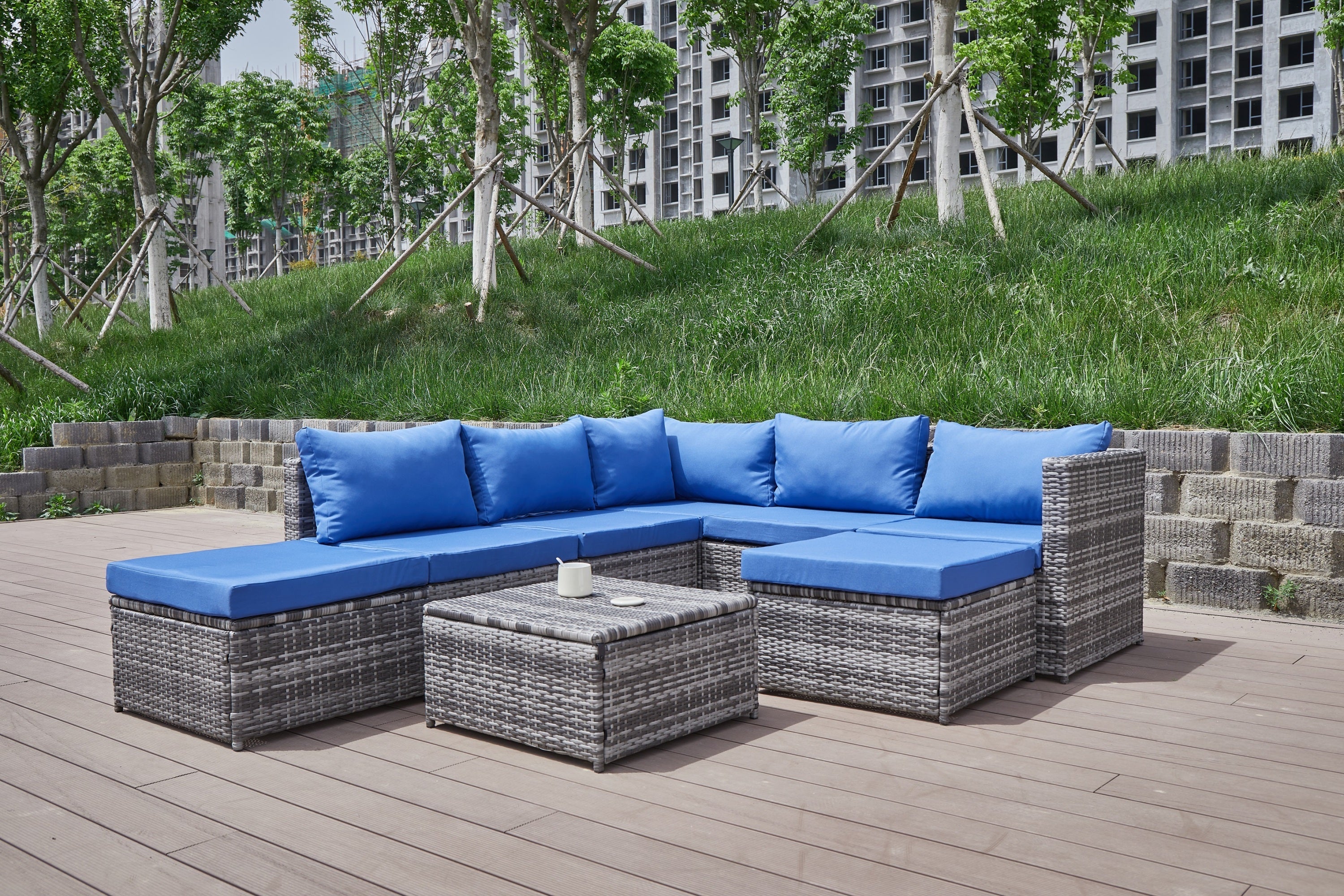 Outdoor Patio Sofa Set PE Rattan Blue Gray All Weather Steel Frame