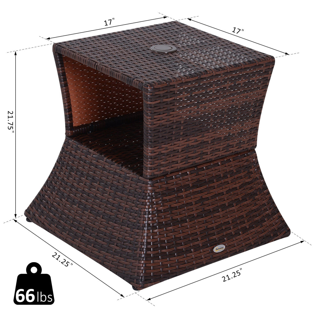 Outdoor Side Table PE Rattan Wicker Brown Umbrella Hole 21in
