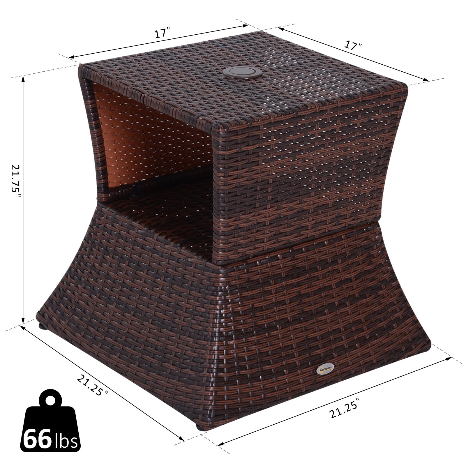 Outdoor Side Table PE Rattan Wicker Brown Umbrella Hole 21in