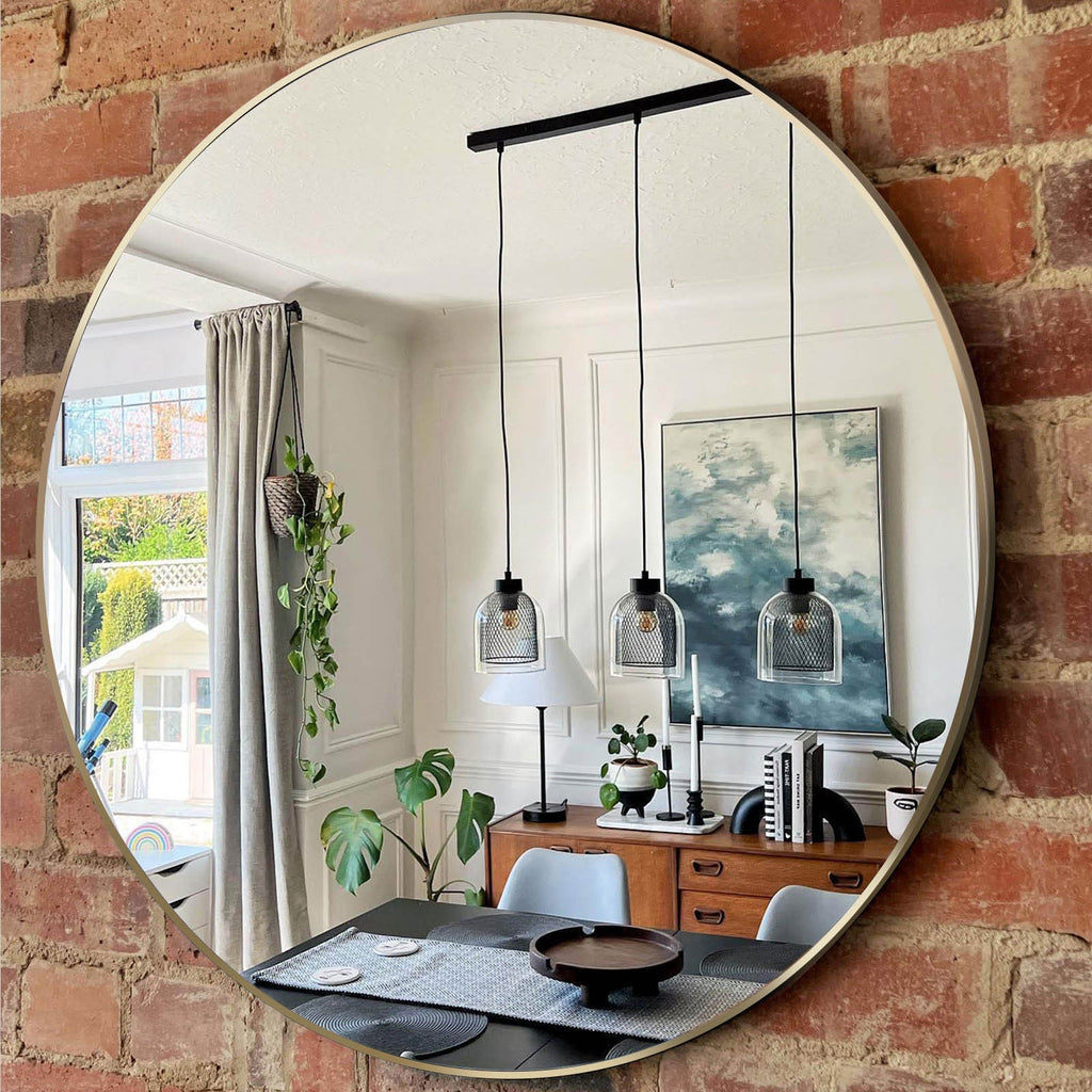 Wall Mirror Round Aluminum Frame Gold 30 In HD Glass Shatterproof Film