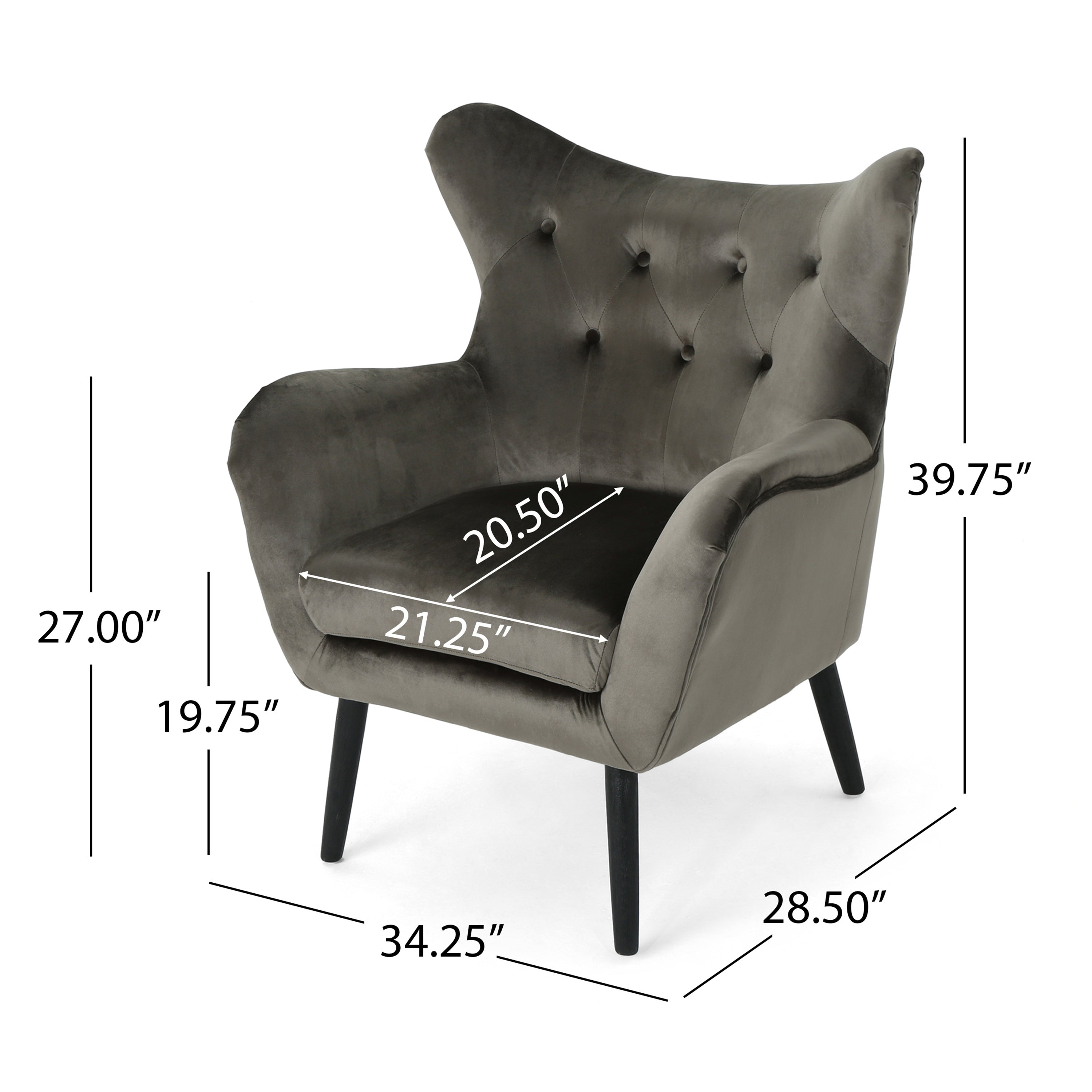 Accent Chair Mid-Century Wingback Velvet Tufted Gray Oak Frame 29x34x40 In