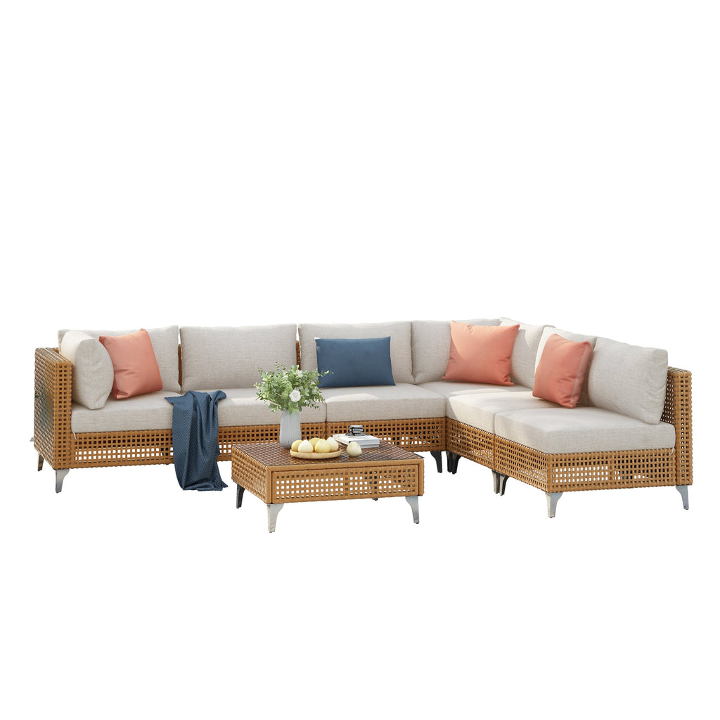 Outdoor Patio Sectional Set Rattan Metal Beige 7 Piece Tempered Glass