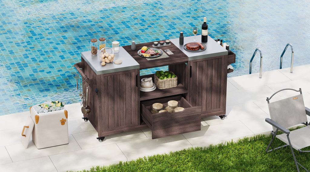Outdoor Kitchen Island Grill Cart Fir Wood Stainless Steel 66.5
