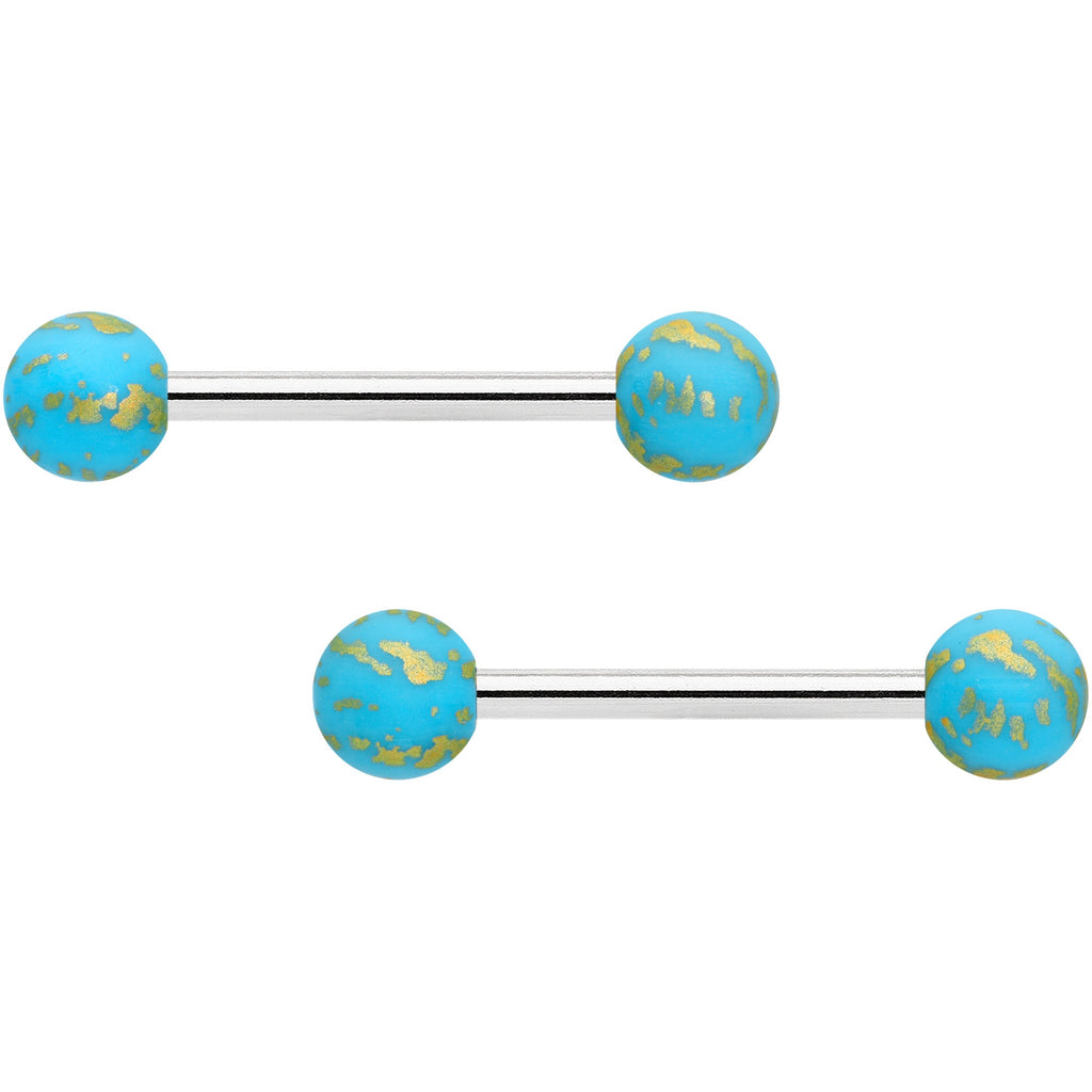 14G 9/16 Matte Light Blue Splatter Barbell Nipple Ring Set