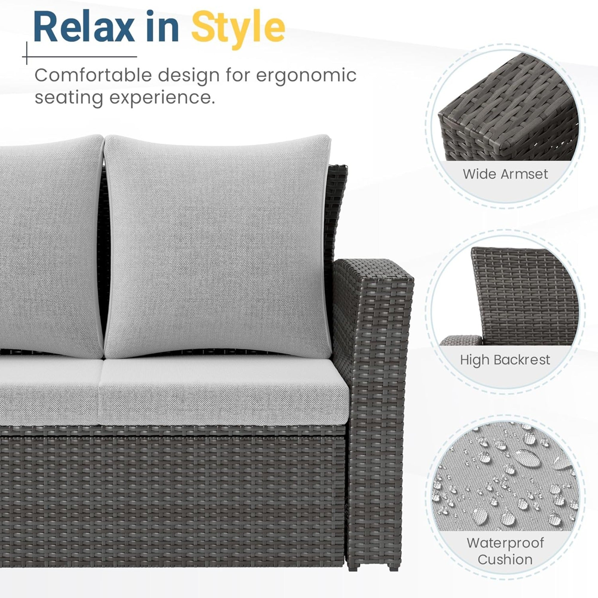 Outdoor Sofa PE Rattan 3 Seat Gray Cushions Black Iron Frame 68in