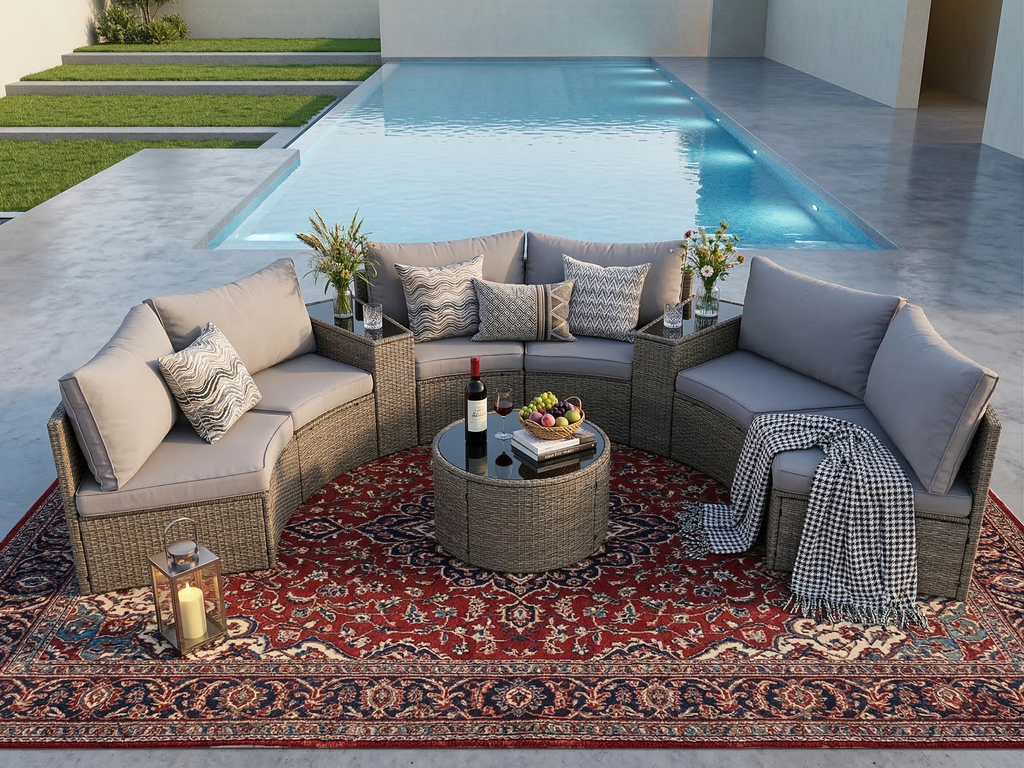 Outdoor Sectional Set PE Rattan Steel Light Gray Half Moon 9 Piece 380 LB