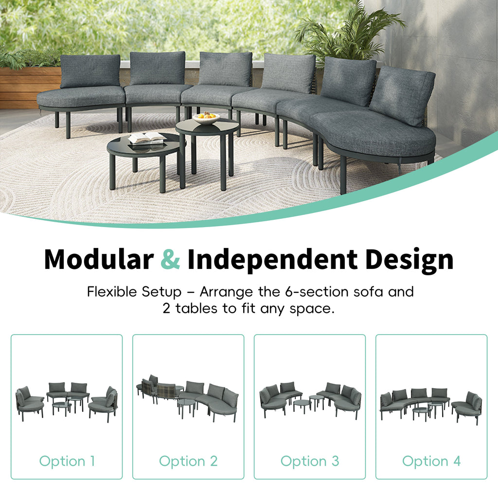 Outdoor Patio Set Half Moon Wicker Aluminum Gray 8 Piece 2 Tables