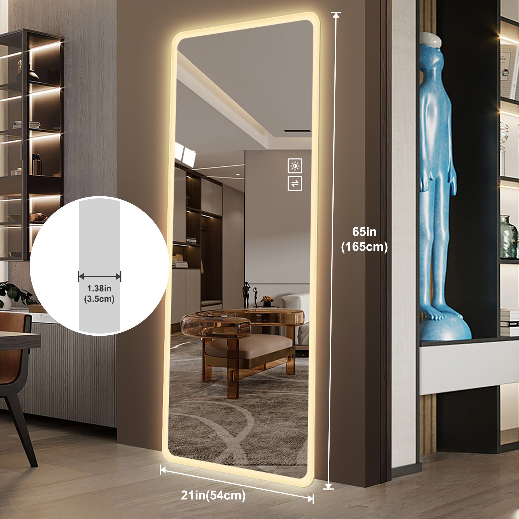 Full Length Mirror LED Lighted Wall Mounted 65x21.7 In Warm Cool Light
