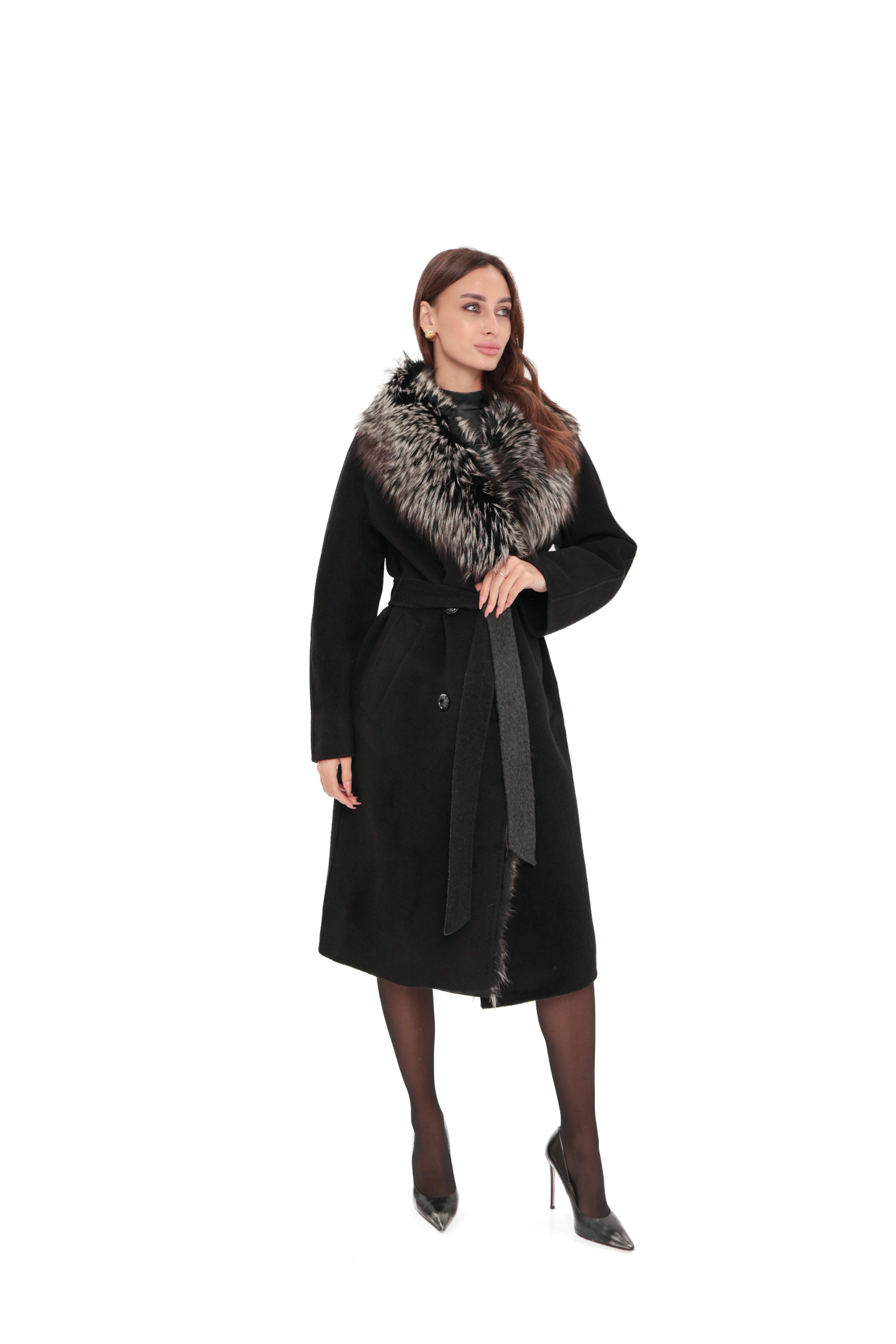 Genuine Silver Fox Cashmere Blend Coat