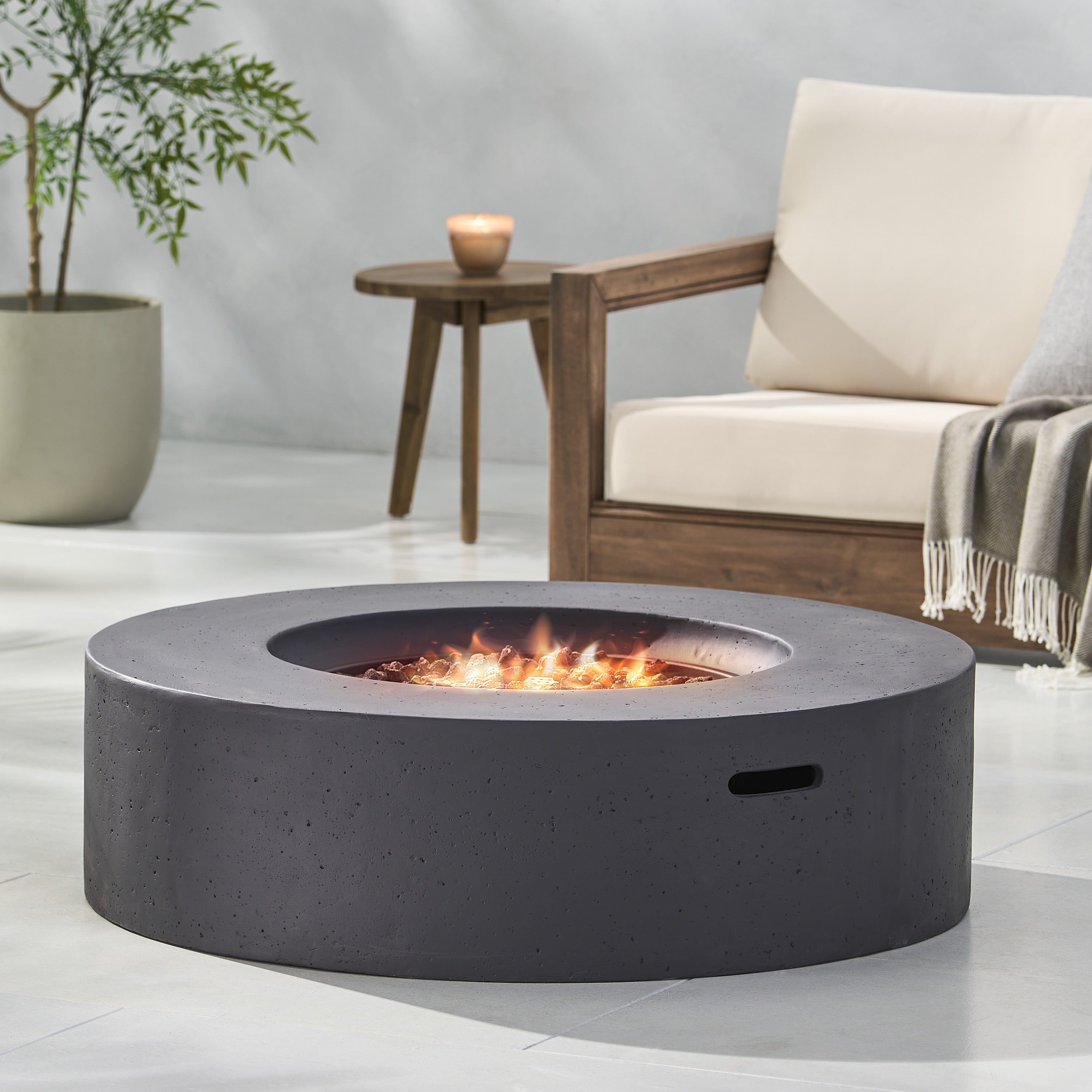 Modern Lightweight Concrete Circular Fire Pit 50000 BTU, Dark Gray