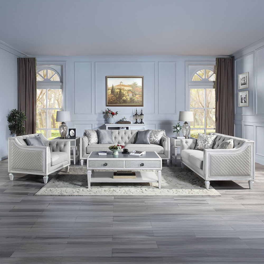 Katia - Loveseat With 2 Pillows - Light Gray Linen & Weathered White