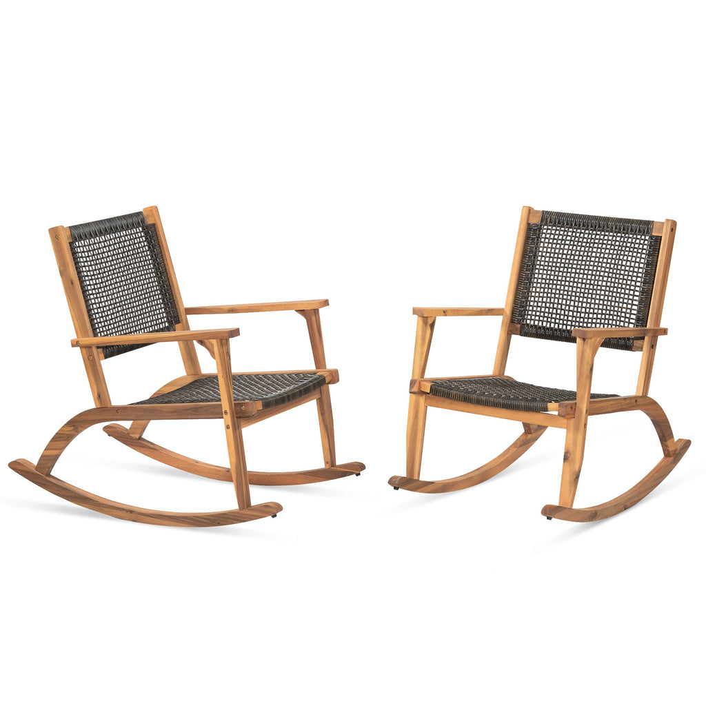 Outdoor Rocking Chair Acacia Wood Wicker Dark Brown Set 2