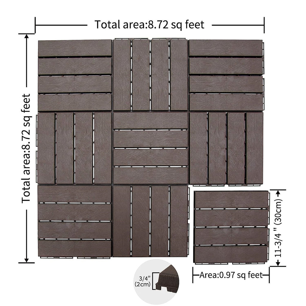 Outdoor Deck Tiles Interlocking Plastic Dark Brown 12x12 in Pack of 44
