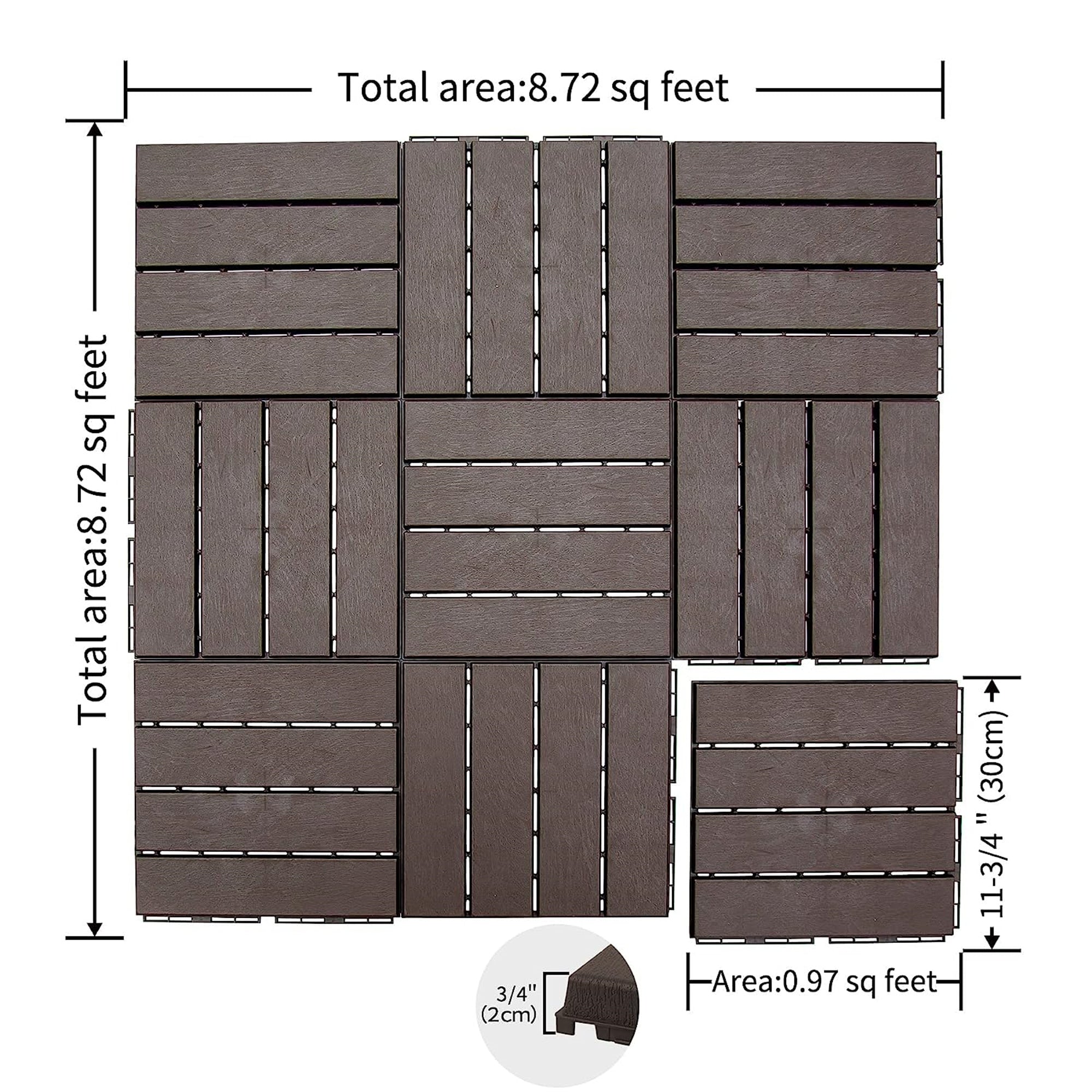 Outdoor Deck Tiles Interlocking Plastic Dark Brown 12x12 in Pack of 44