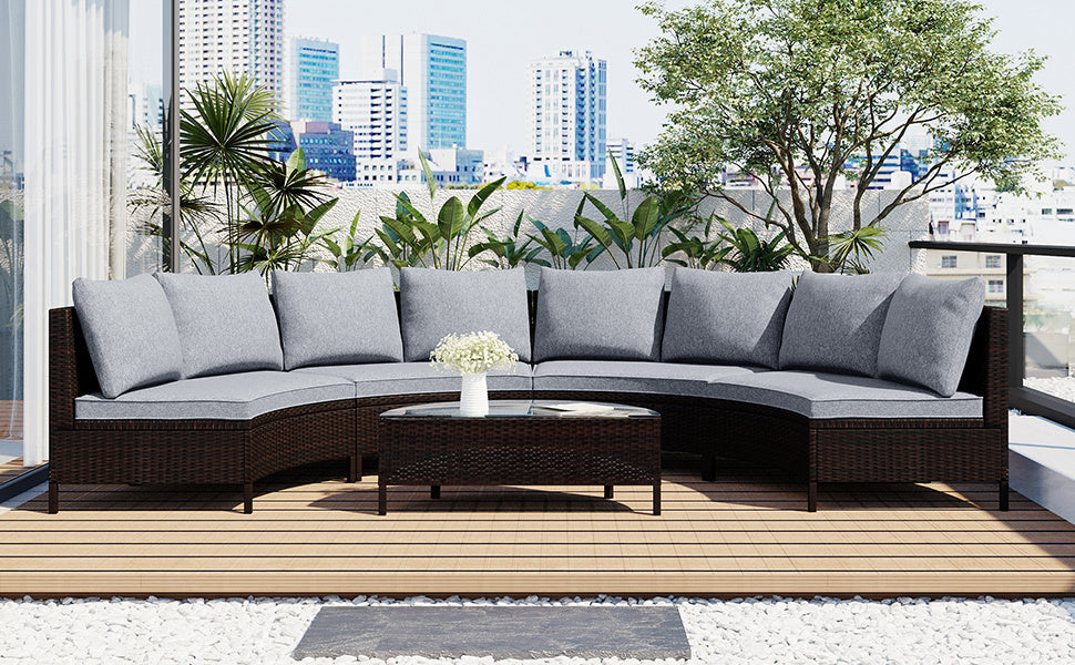 Outdoor Sectional Set PE Rattan Steel Gray Half Moon 5 Piece 350 LB