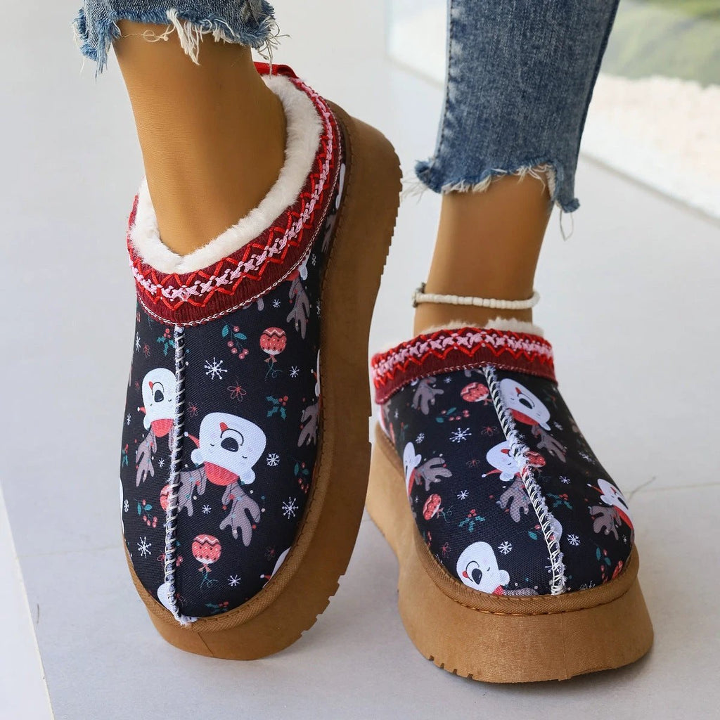 Mandotos Christmas Cartoon Print Plush Lined Slip On Navy Ankle Boots For Women Indoor Home Shoes