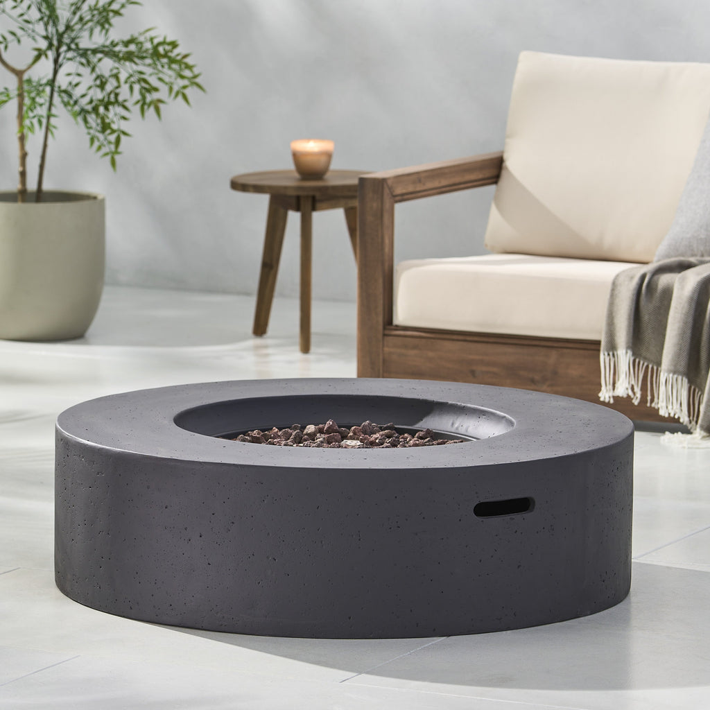 Modern Lightweight Concrete Circular Fire Pit 50000 BTU, Dark Gray