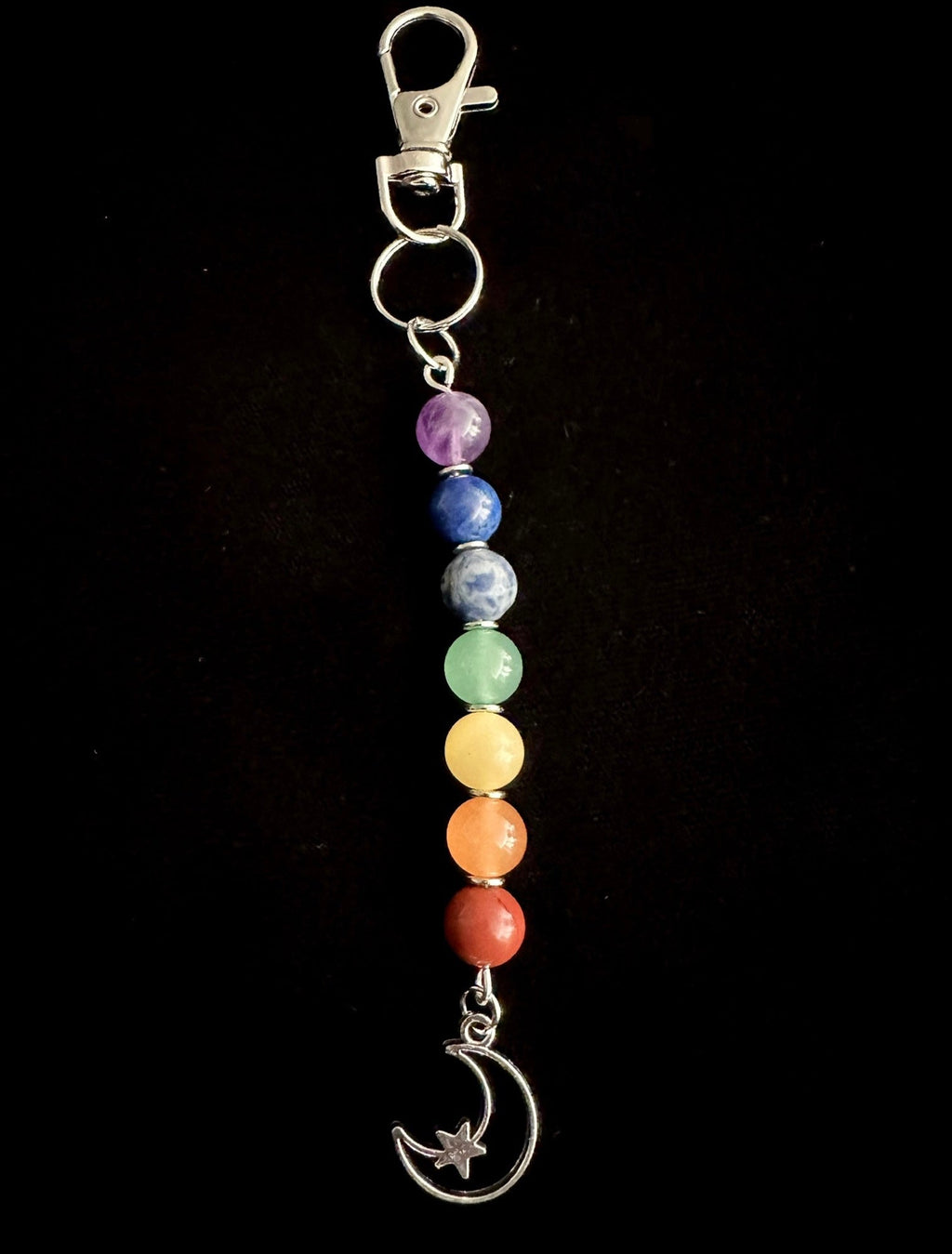 7 Chakra Crystal Gemstone Bag Charm Keychain - Choose Silver Lotus, Moon, Om Charm