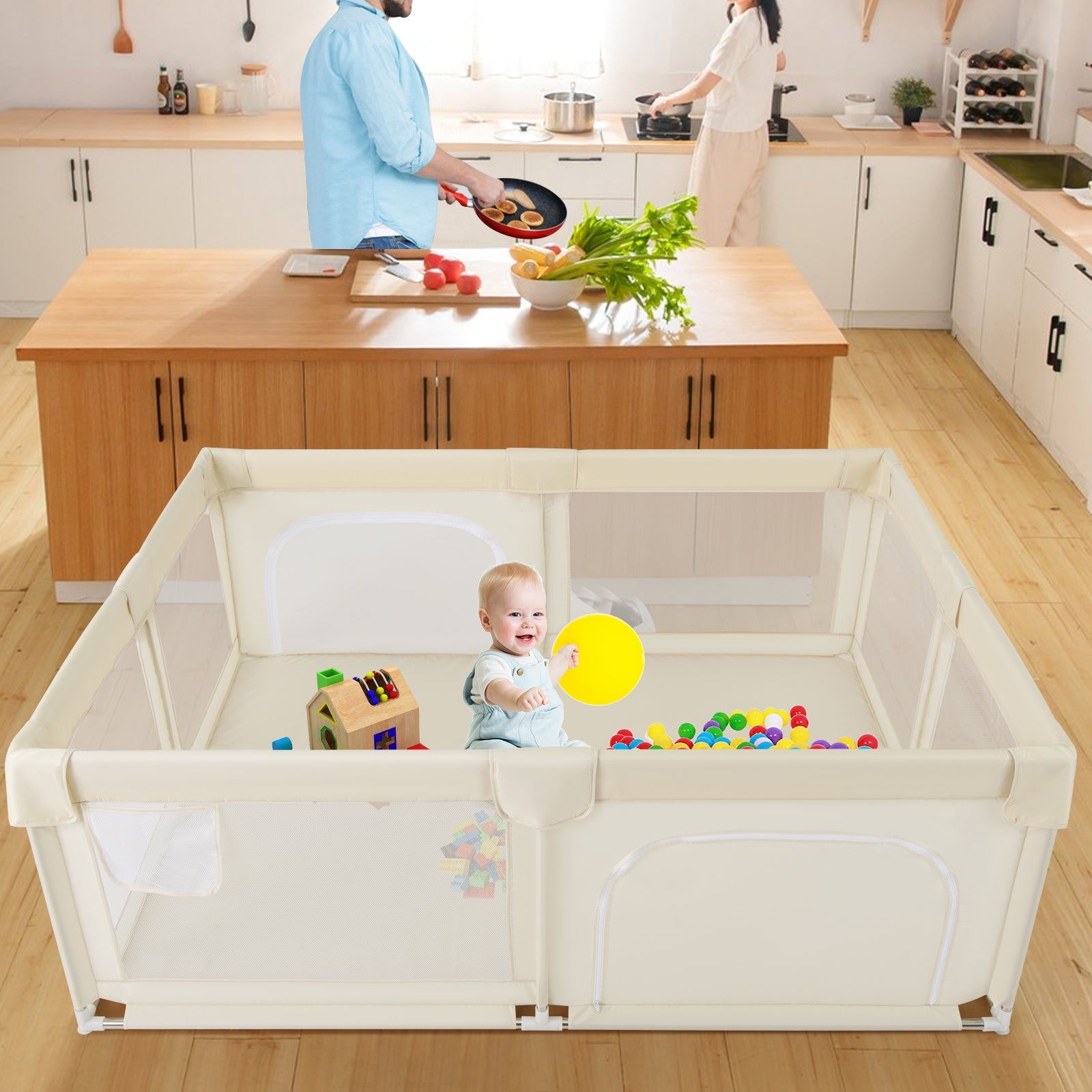 75 x 59 Inch Large Baby Playpen with Breathable Mesh and Zipper Doors-Beige