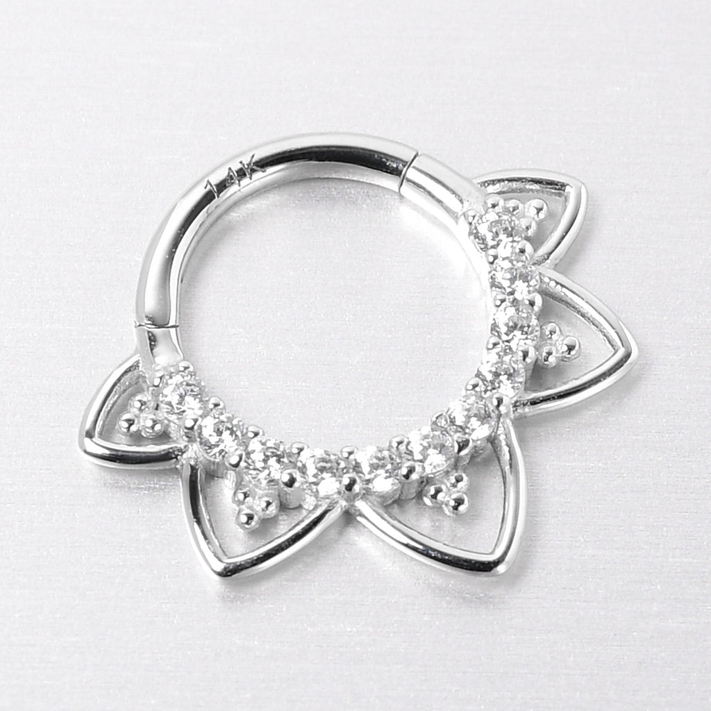 16G 5/16 Clear CZ Gem 14k White Gold Filigree Hinged Segment Ring