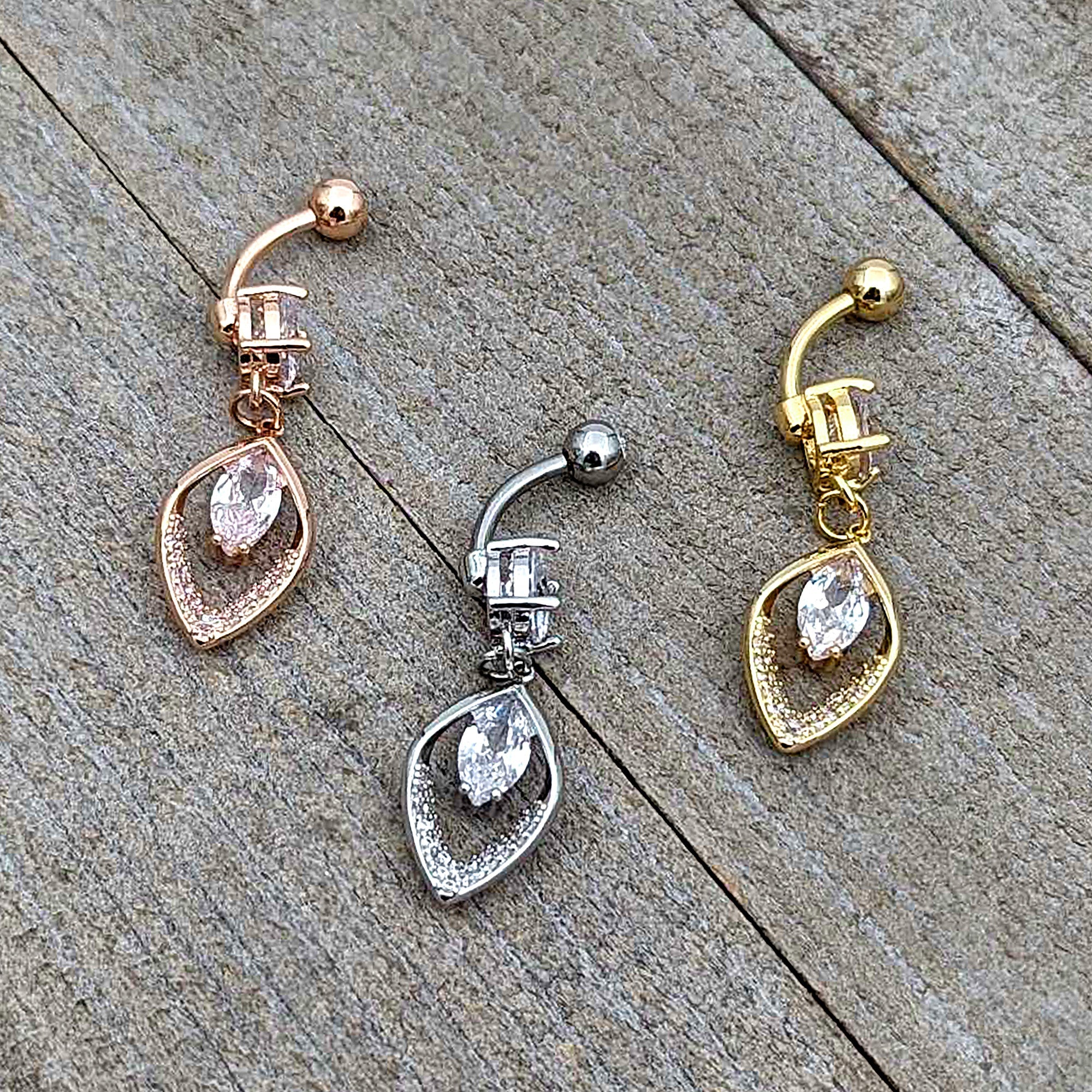 Clear CZ Gem Gold Tone Lush Leaf Dangle Belly Ring