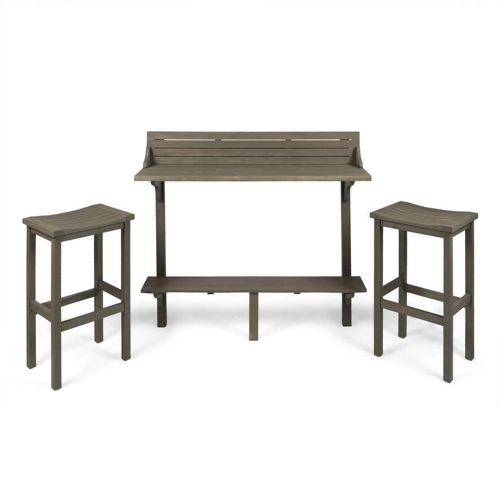 Outdoor Balcony Bar Set Acacia Wood Gray 3 Piece Table 2 Stools Seats 2