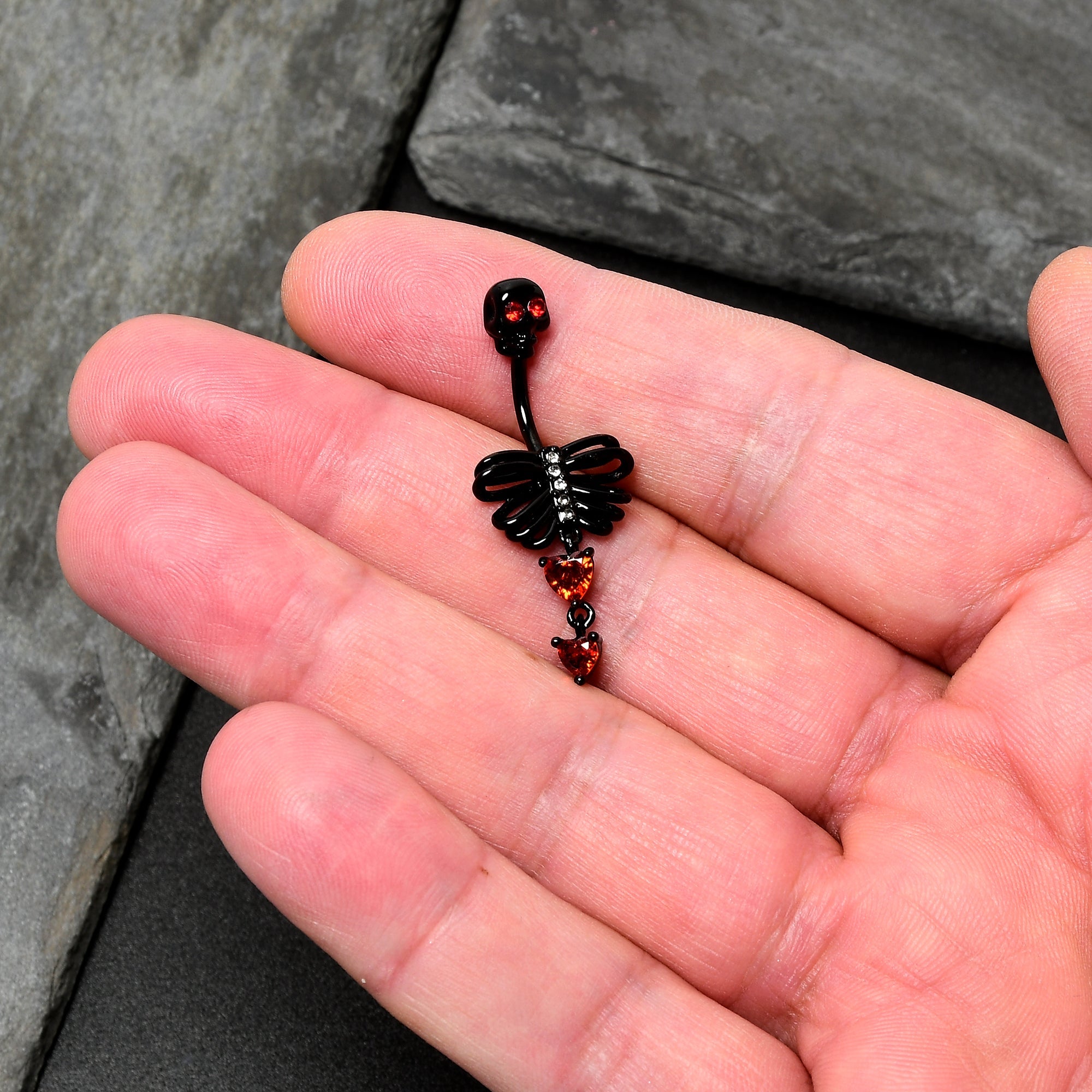 Red CZ Gem Black Skeleton Hearts Gothic Dangle Belly Ring
