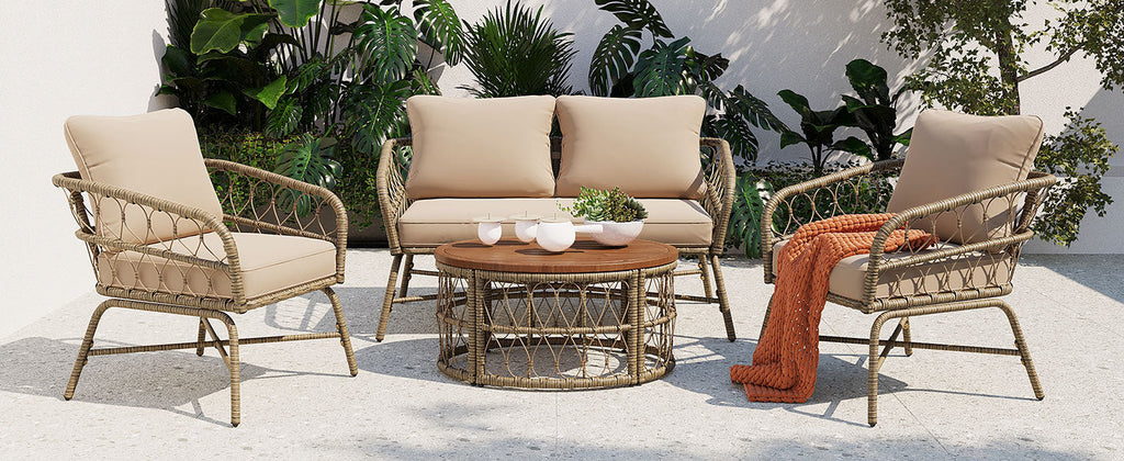 Outdoor Patio Set Wicker Boho Beige Cushion Oval Acacia Table 4 Piece