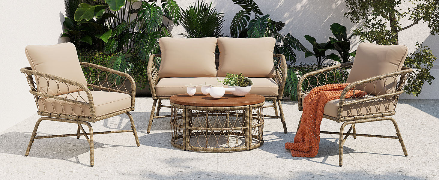 Outdoor Patio Set Wicker Boho Beige Cushion Oval Acacia Table 4 Piece