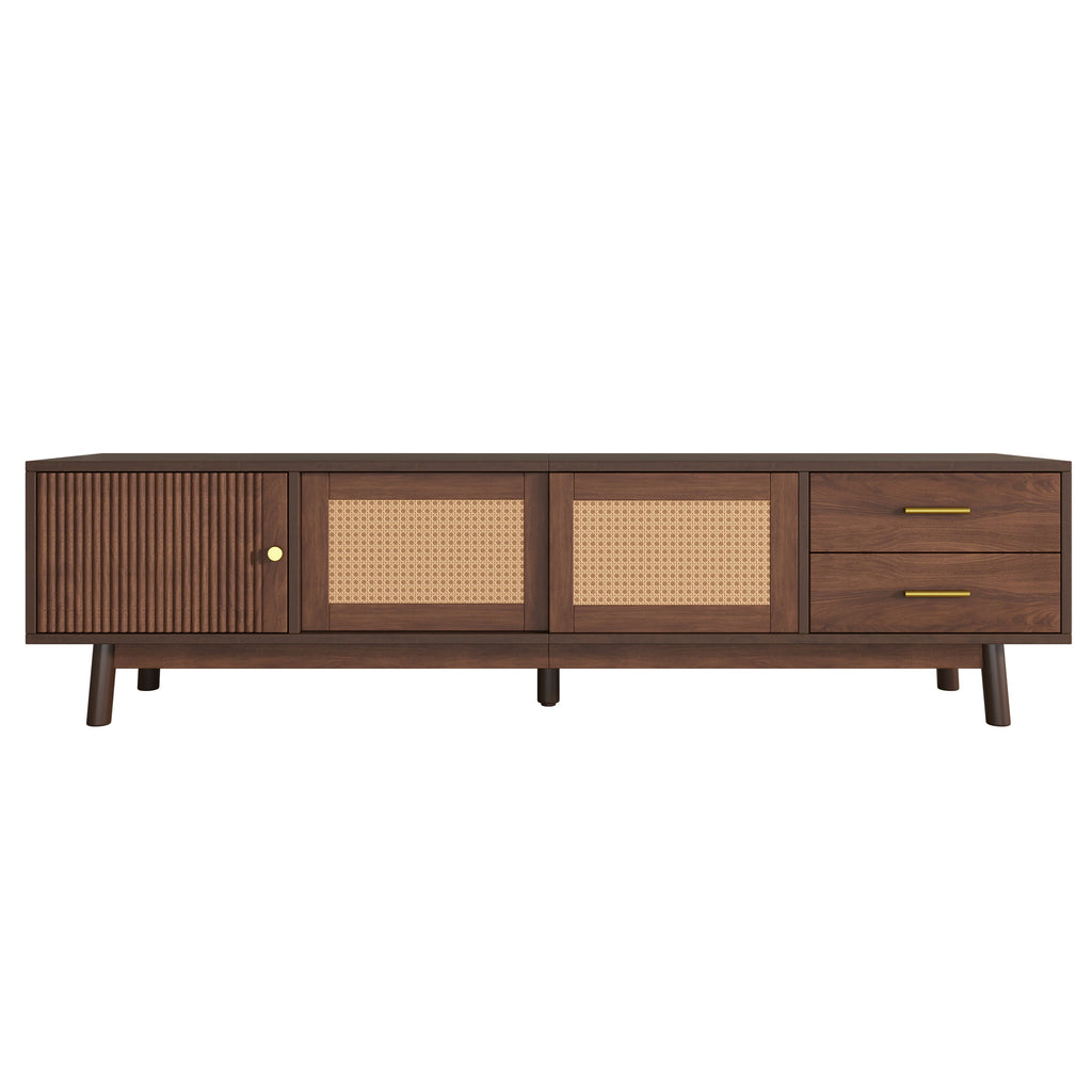TV Stand Mid-Century Dark Brown Solid Wood Rattan Sliding Door Fits 80 In TV