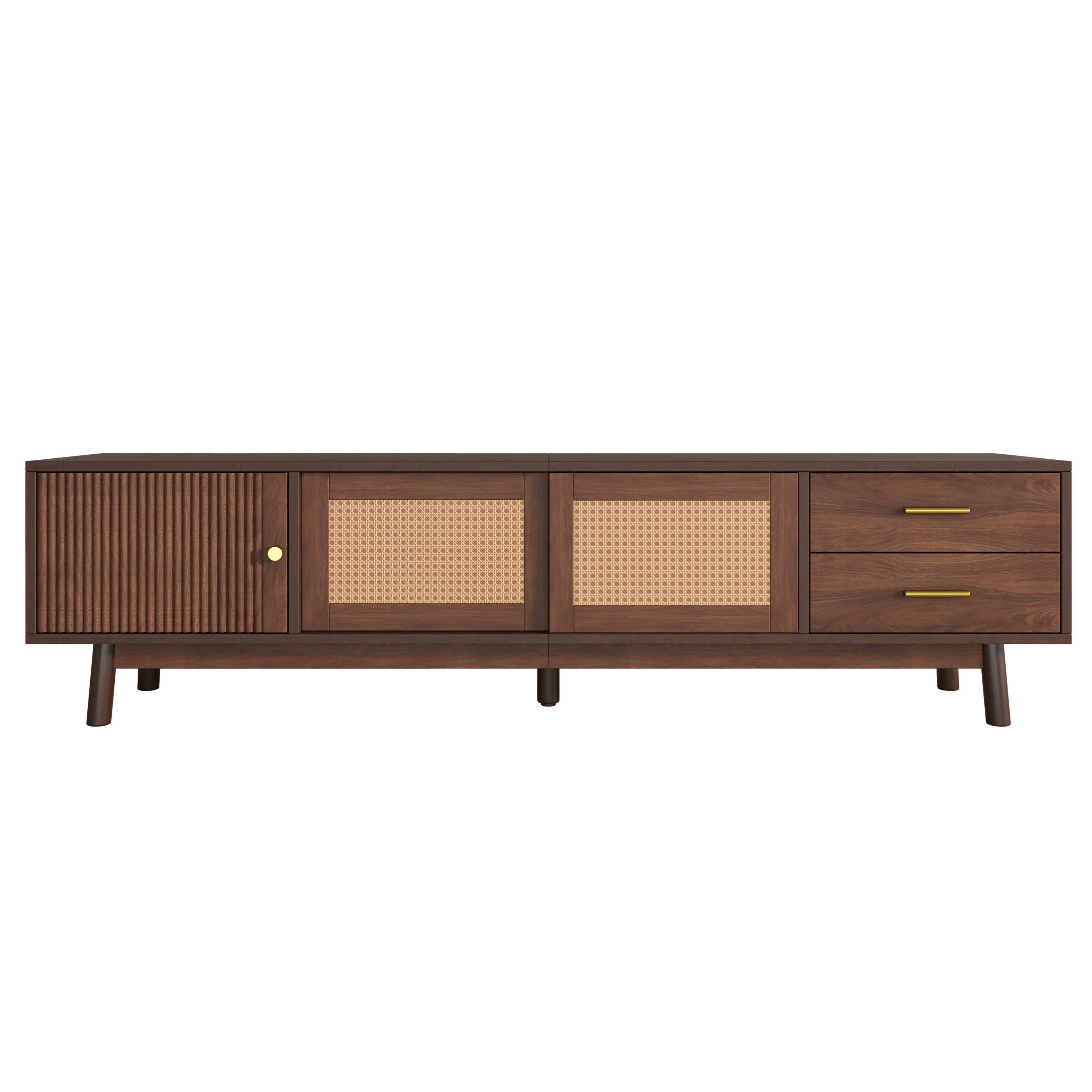 TV Stand Mid-Century Dark Brown Solid Wood Rattan Sliding Door Fits 80 In TV
