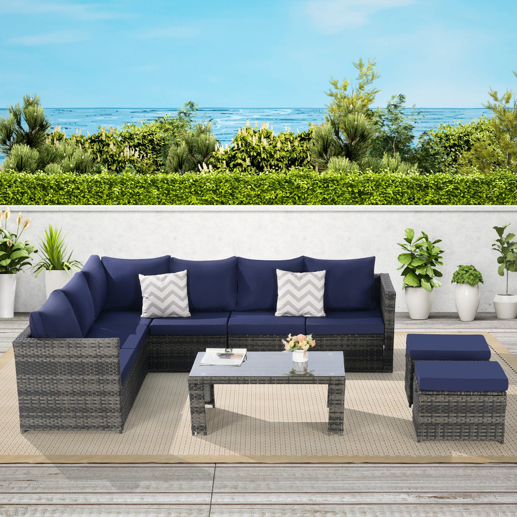 Outdoor Patio Rattan Set 6 Piece Seats 8 Dark Blue