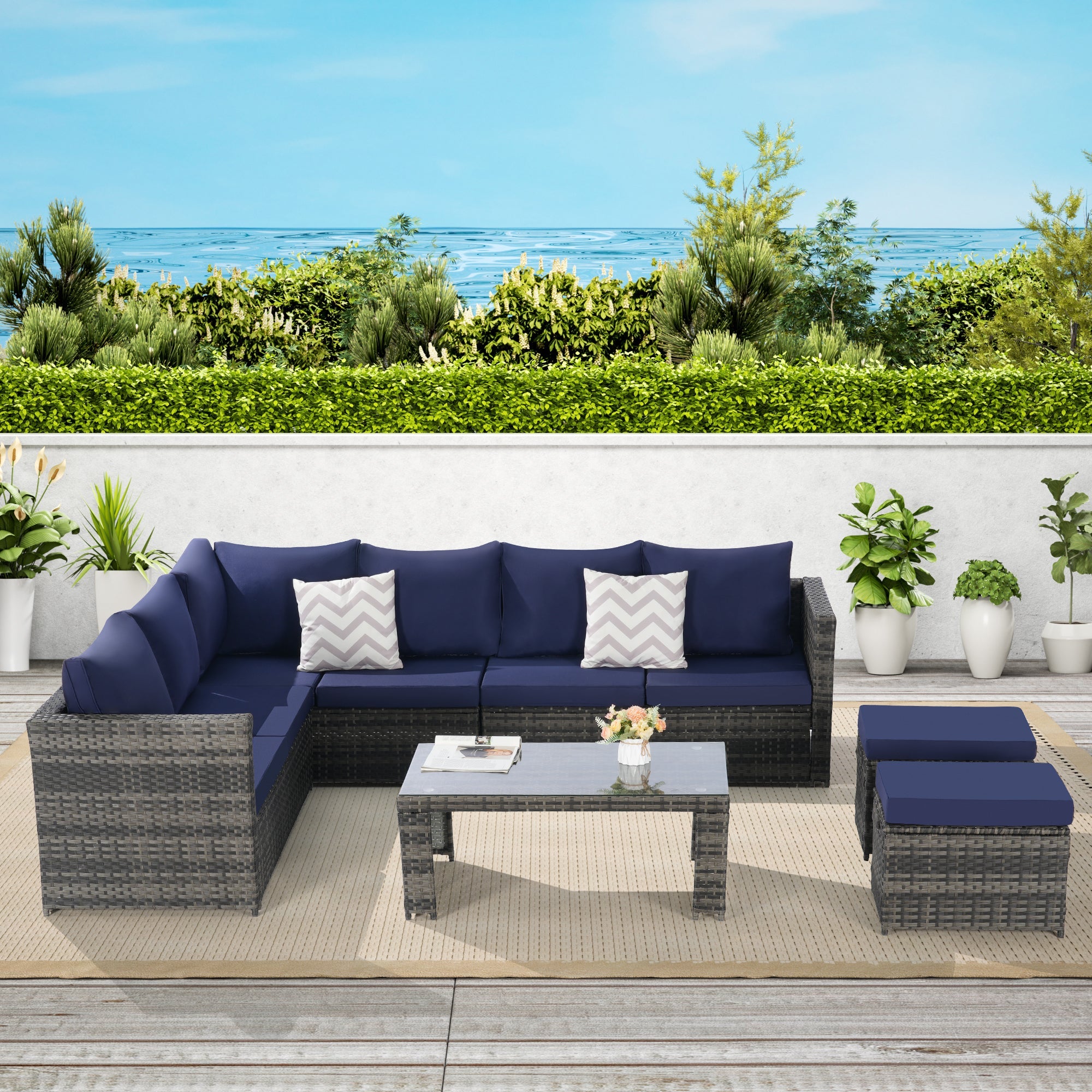 Outdoor Patio Rattan Set 6 Piece Seats 8 Dark Blue